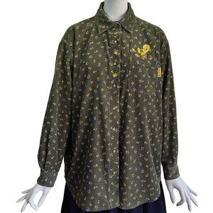 TWEETY BIRD Looney Tunes ATL72 Leaf Print Oversized Corduroy Shirt Shacket Sz M